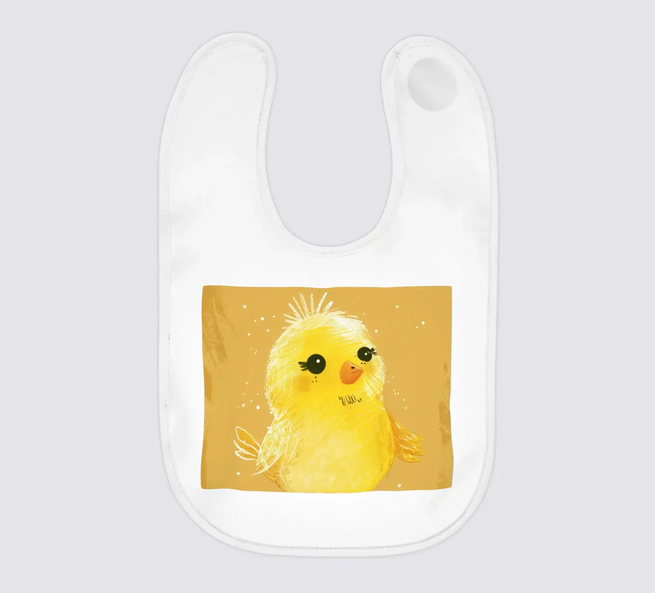 pulcino giallo e soffice, in piedi su un supporto artistico marrone chiaro. bavaglino da DesignDoodle