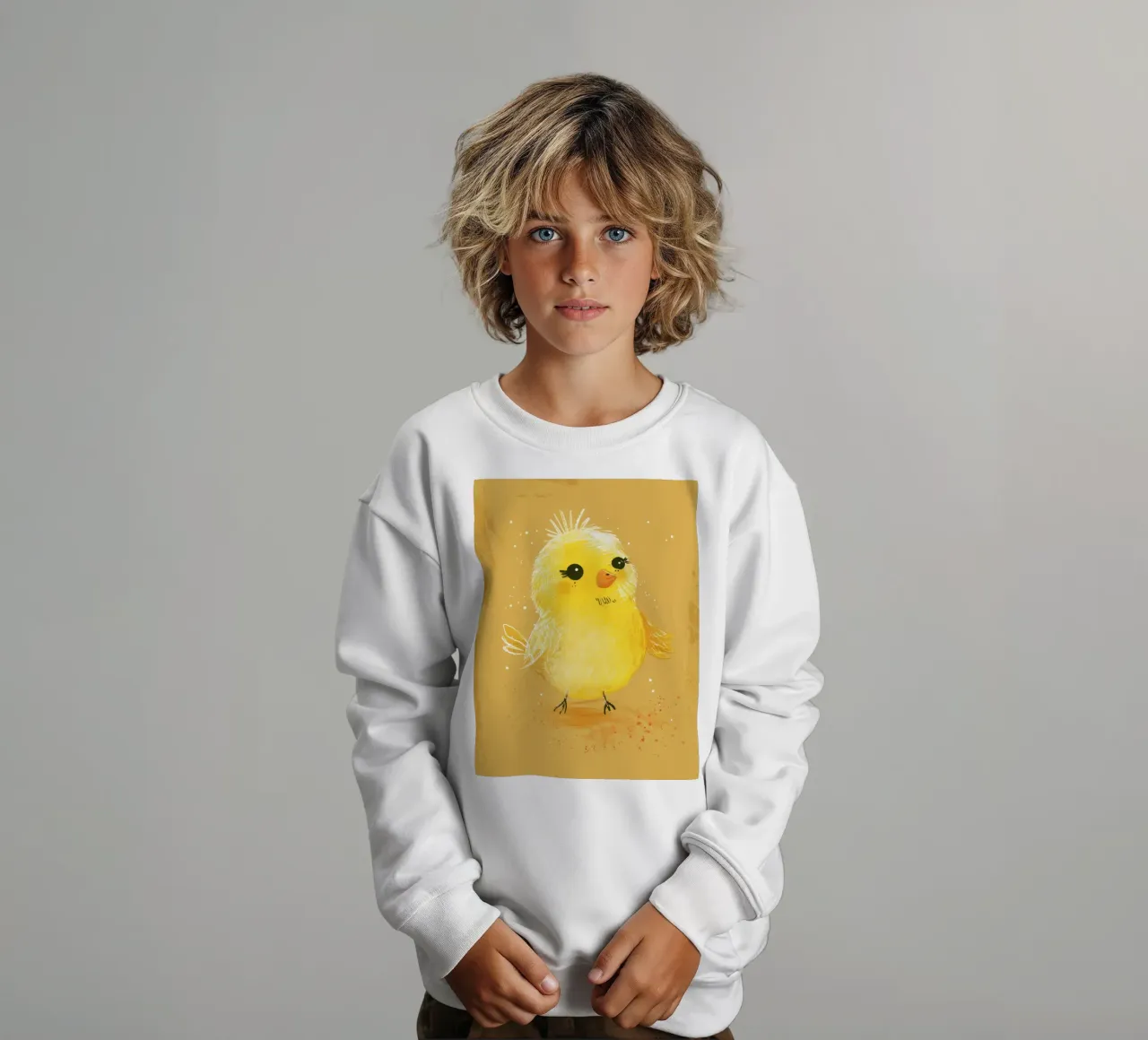 pulcino giallo e soffice, in piedi su un supporto artistico marrone chiaro. felpa bambino da DesignDoodle