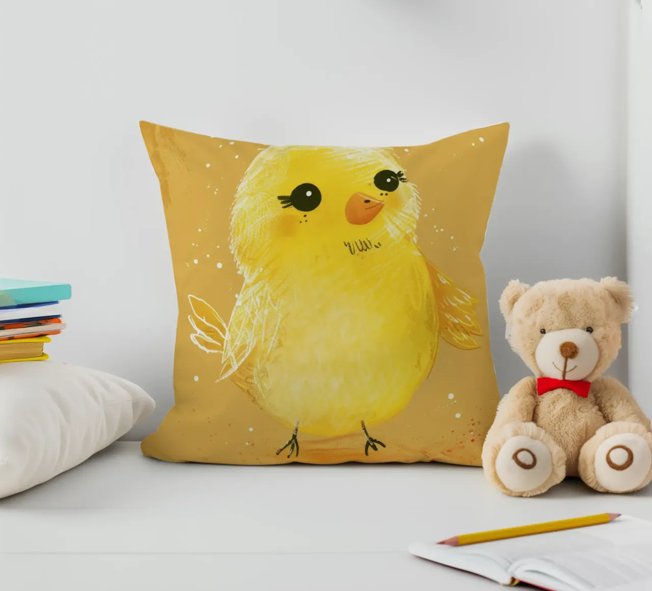 pulcino giallo e soffice, in piedi su un supporto artistico marrone chiaro. cuscino da DesignDoodle