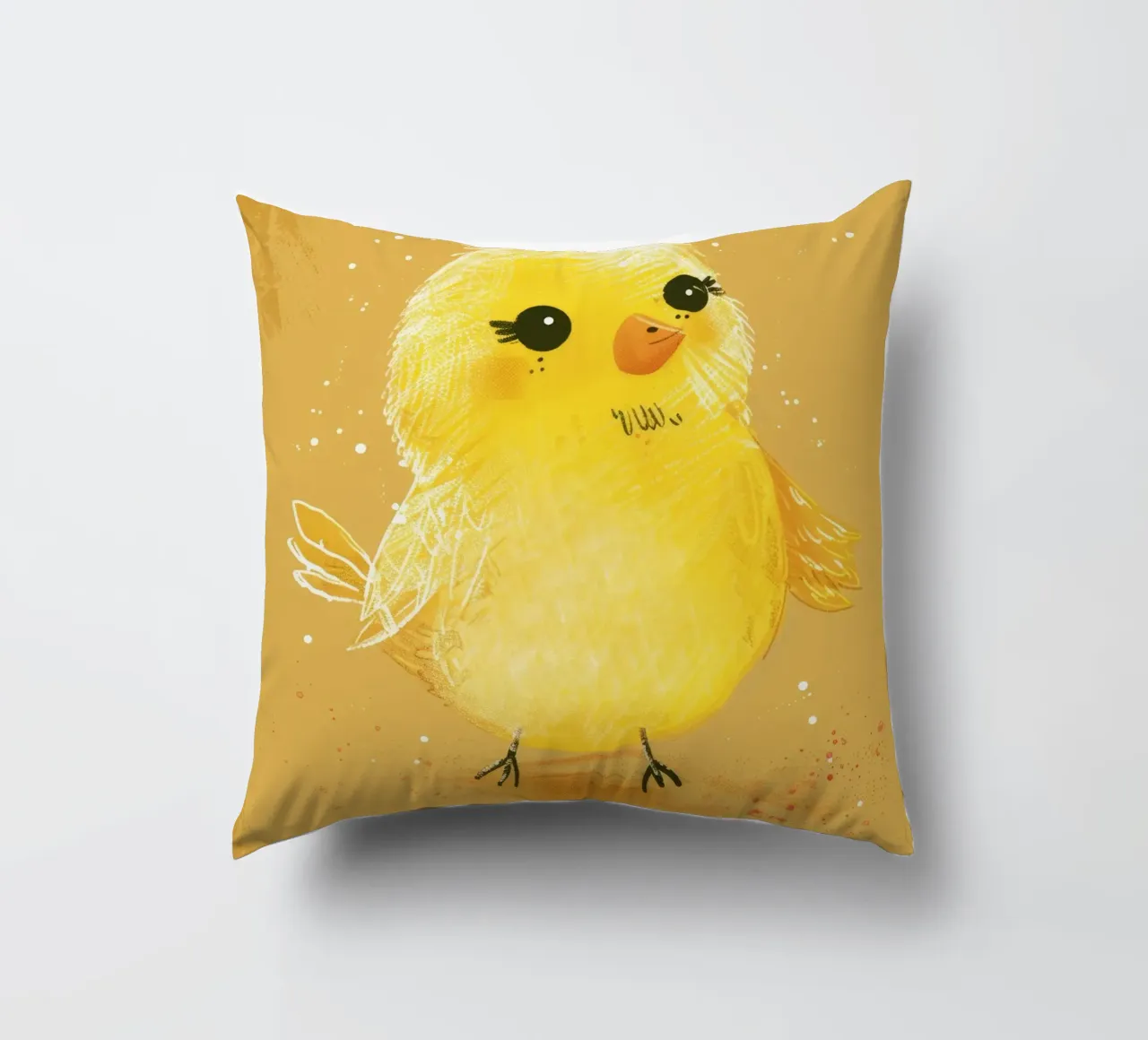 pulcino giallo e soffice, in piedi su un supporto artistico marrone chiaro. cuscino da DesignDoodle
