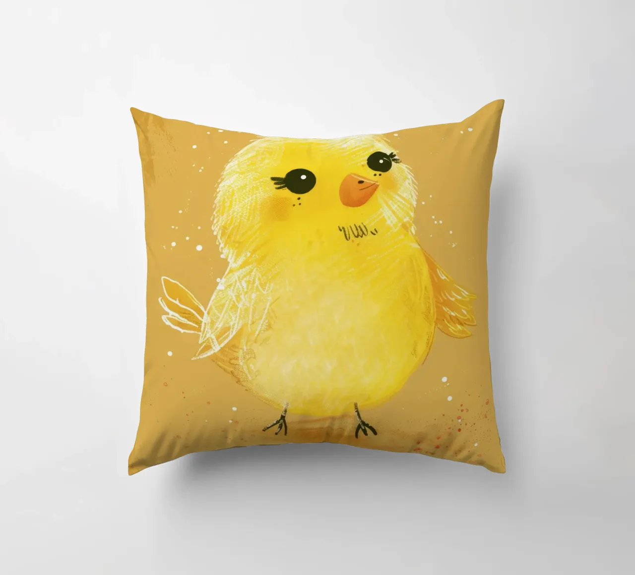 pulcino giallo e soffice, in piedi su un supporto artistico marrone chiaro. cuscino da DesignDoodle