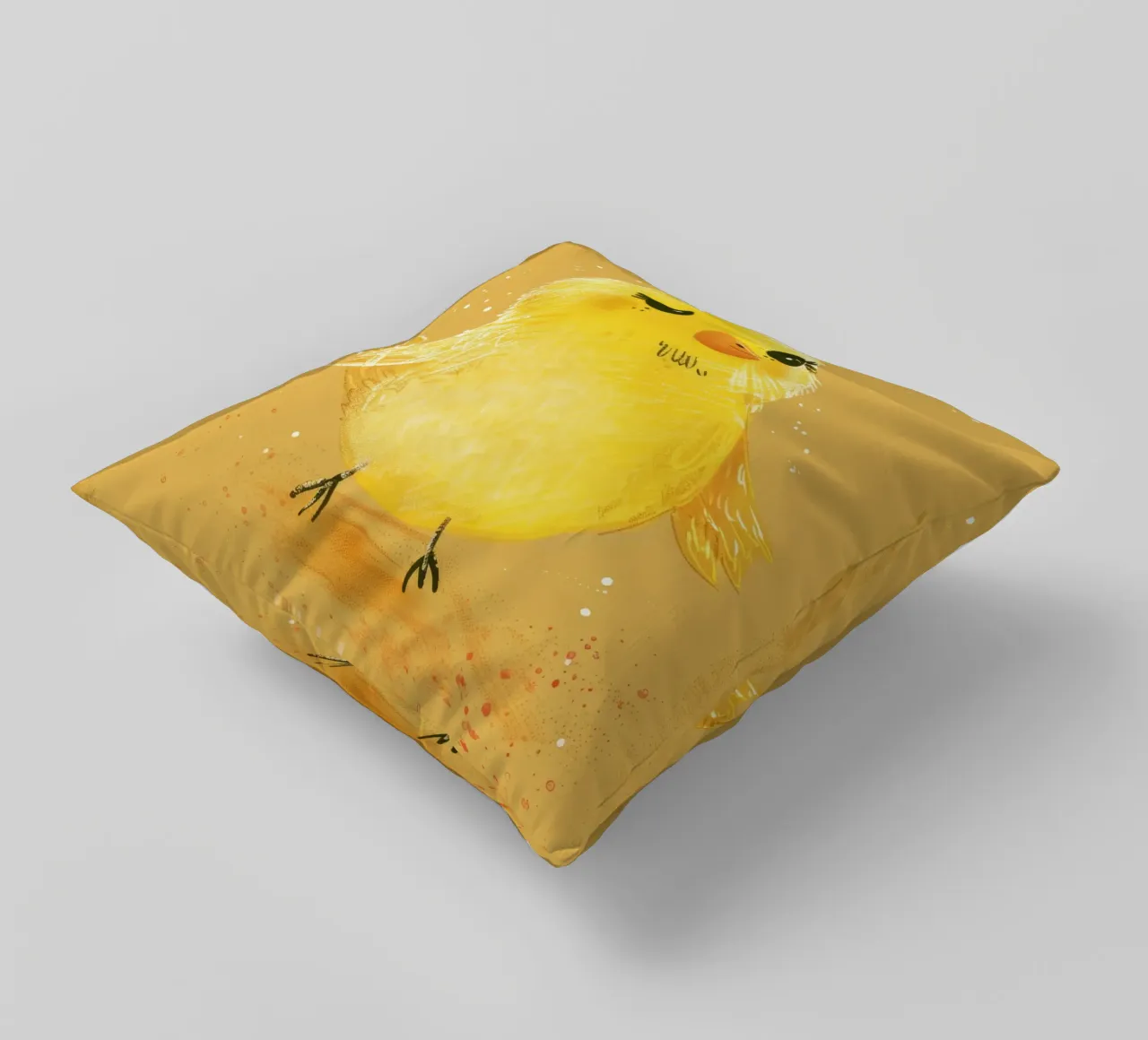 pulcino giallo e soffice, in piedi su un supporto artistico marrone chiaro. cuscino da DesignDoodle