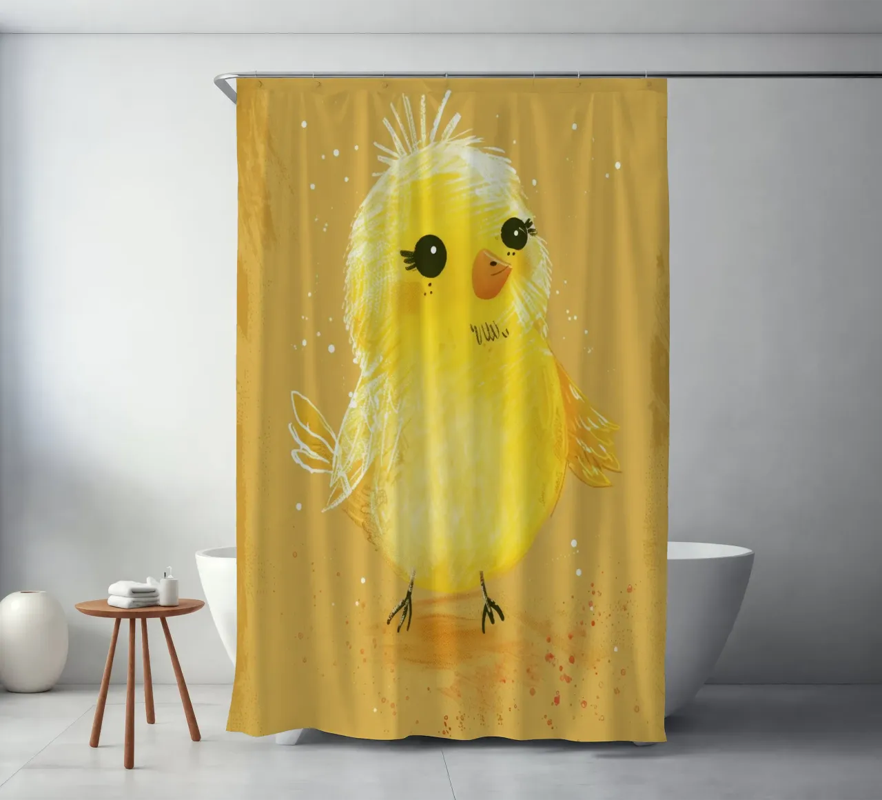 poussin jaune duveteux, debout sur un support d'art texturé marron clair. rideau de douche de DesignDoodle