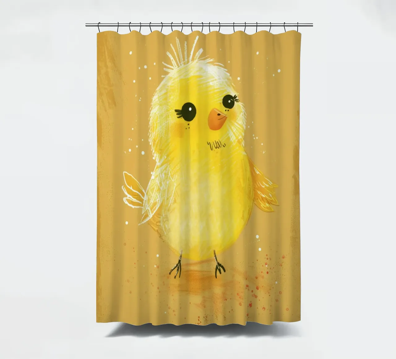 poussin jaune duveteux, debout sur un support d'art texturé marron clair. rideau de douche de DesignDoodle