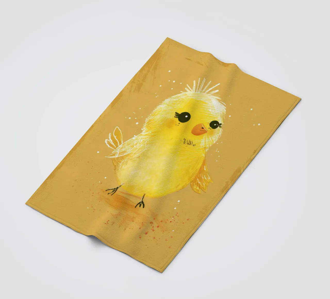 pulcino giallo e soffice, in piedi su un supporto artistico marrone chiaro. coperta in pile da DesignDoodle