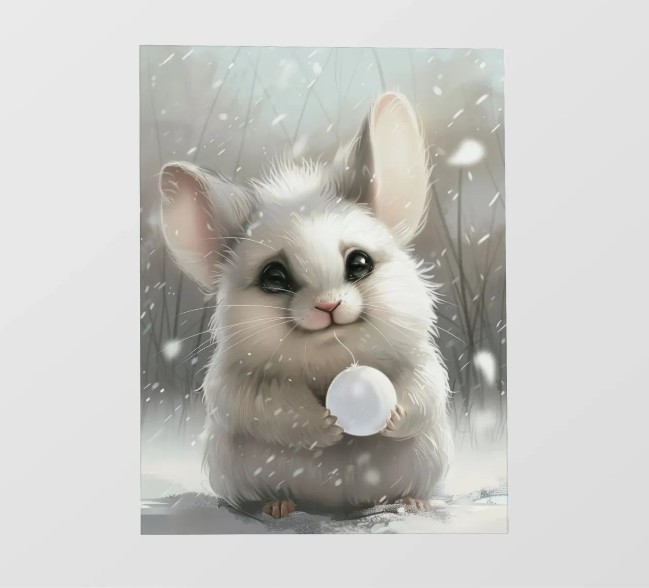 Cincillà bianco che tiene una palla in un ambiente innevato pellicola backlit da DesignDoodle