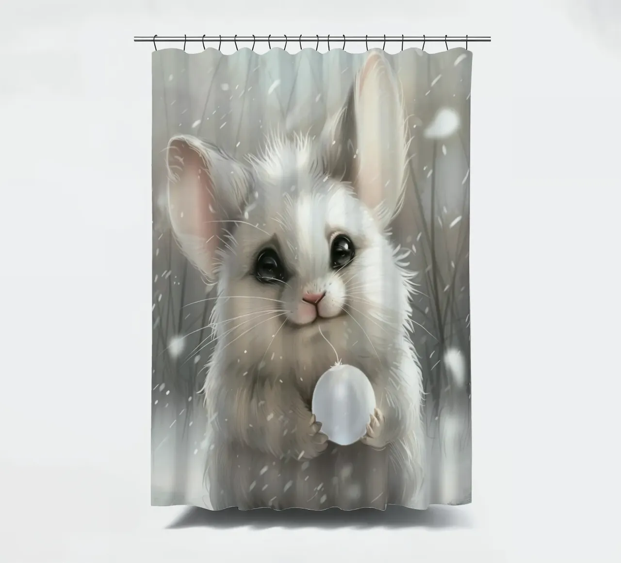White Chinchilla Holding a Ball in Snowy Setting shower curtain by DesignDoodle