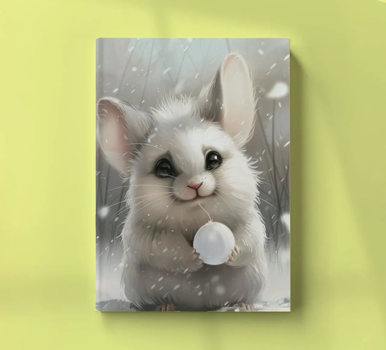 White Chinchilla Holding a Ball in Snowy Setting notebook by DesignDoodle