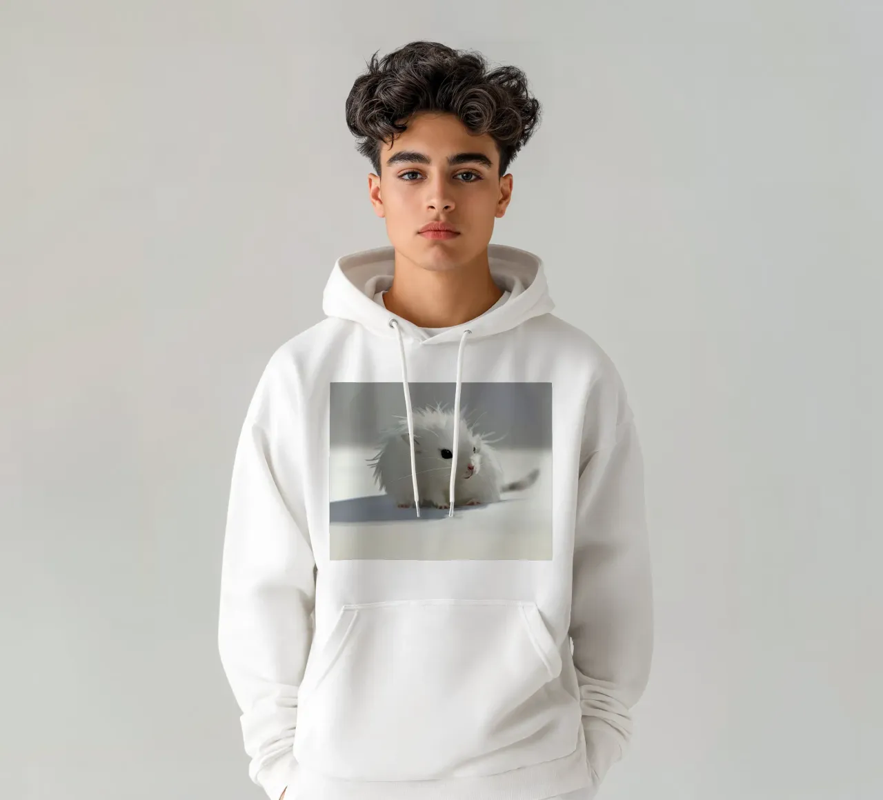 criceto bianco con pelo soffice, seduto su una superficie grigio chiaro felpa con cappuccio da DesignDoodle