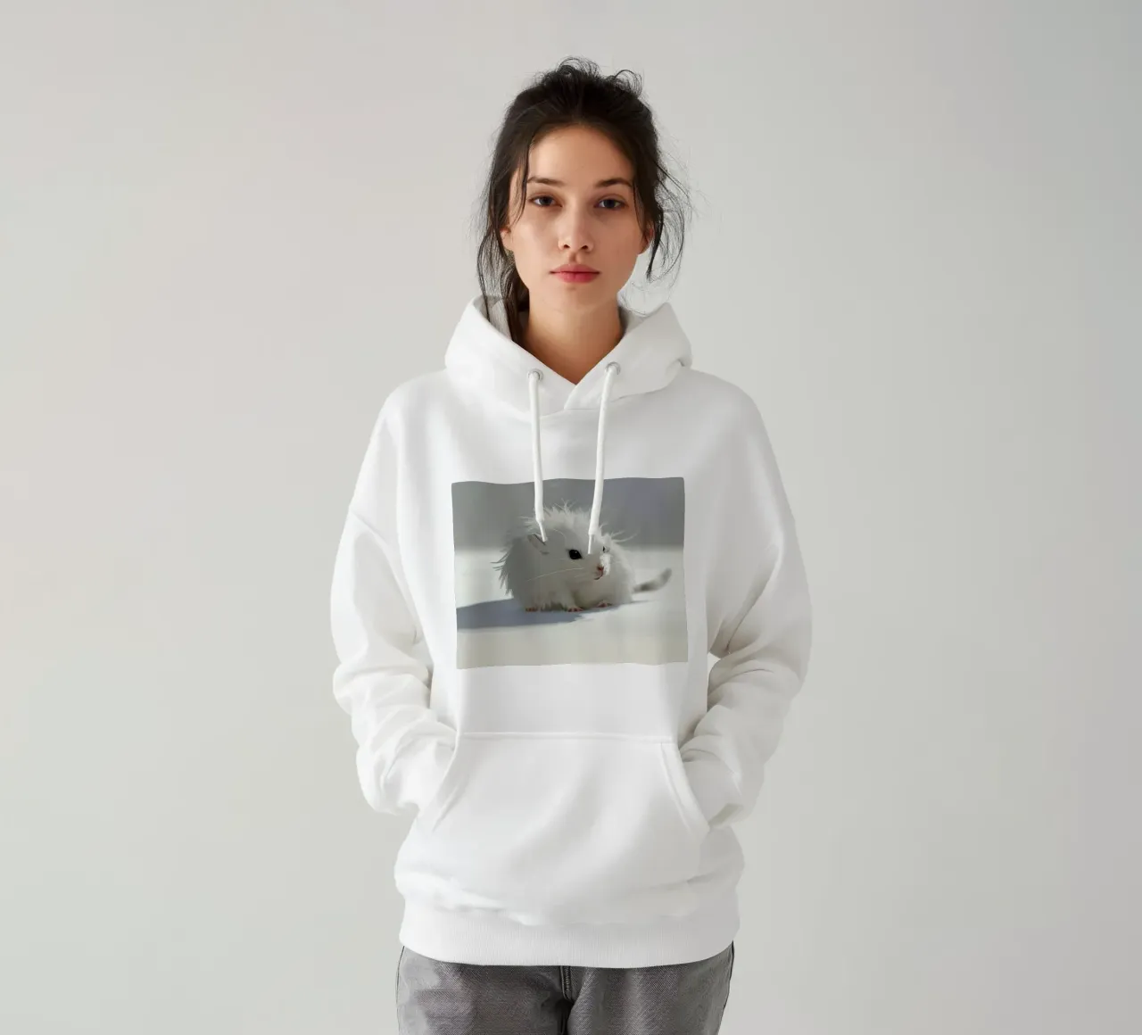 criceto bianco con pelo soffice, seduto su una superficie grigio chiaro felpa con cappuccio da DesignDoodle