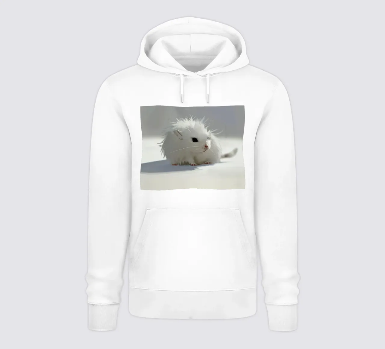 criceto bianco con pelo soffice, seduto su una superficie grigio chiaro felpa con cappuccio da DesignDoodle