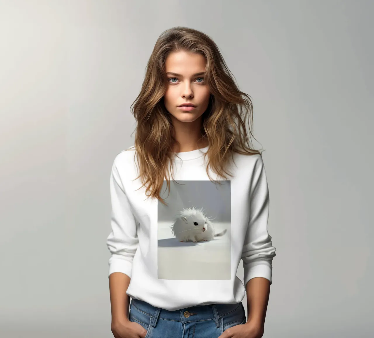 weißer Hamster mit flauschigem Fell, sitzt auf hellgrauem Untergrund Sweatshirt von DesignDoodle