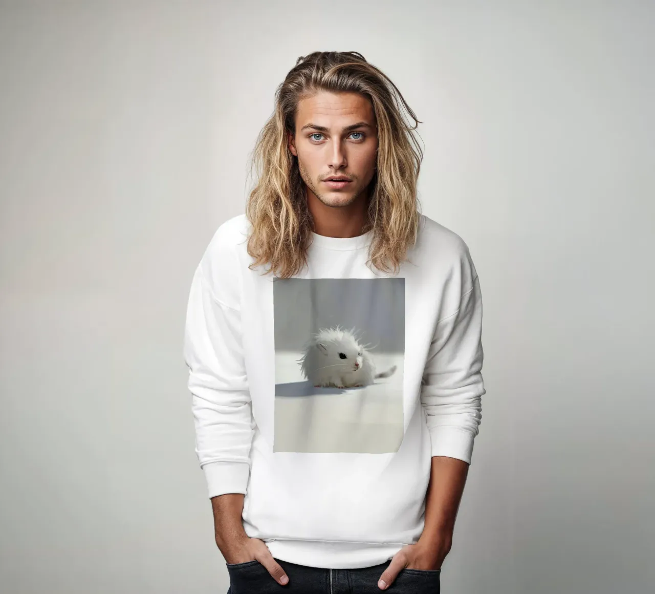 weißer Hamster mit flauschigem Fell, sitzt auf hellgrauem Untergrund Sweatshirt von DesignDoodle