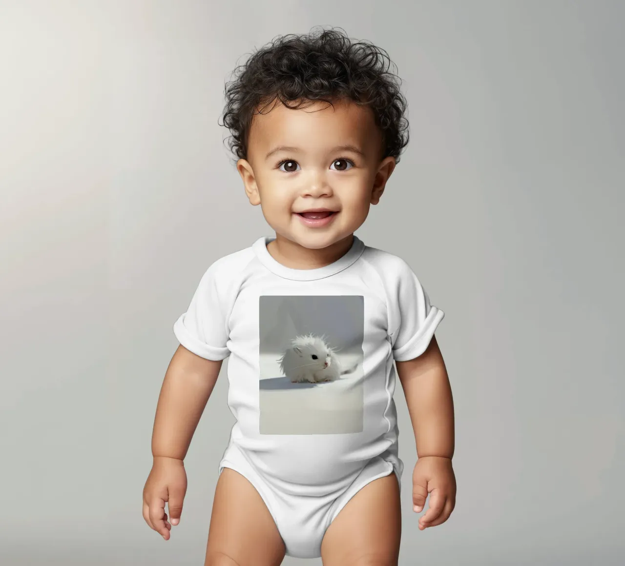 weißer Hamster mit flauschigem Fell, sitzt auf hellgrauem Untergrund Kurzarm Babybody von DesignDoodle