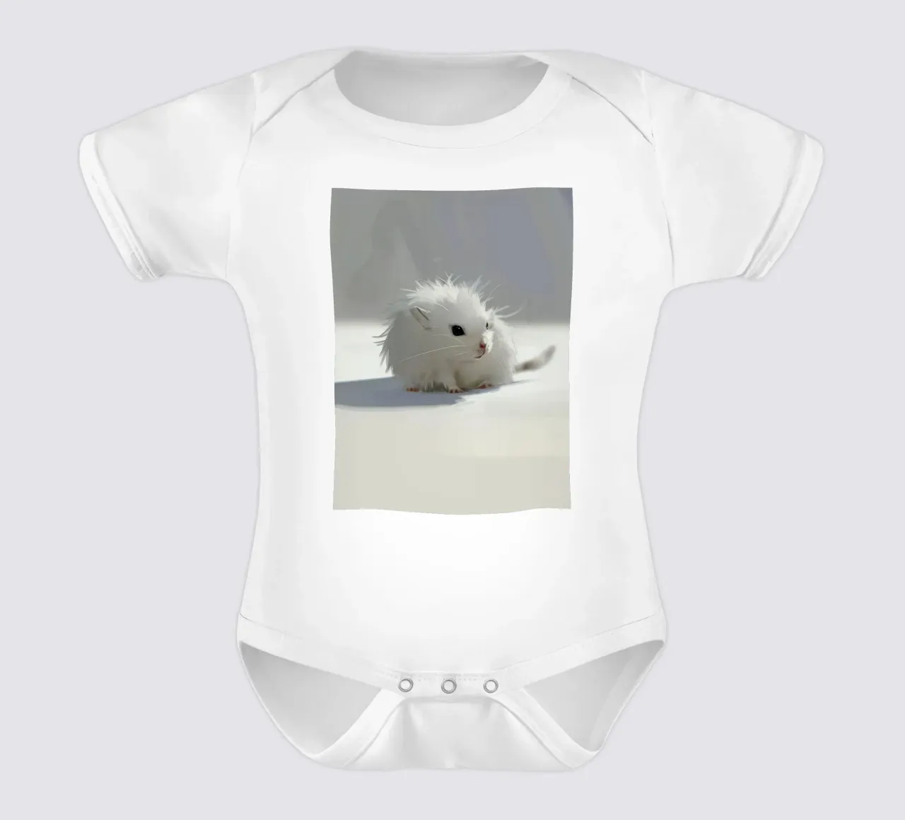 weißer Hamster mit flauschigem Fell, sitzt auf hellgrauem Untergrund Kurzarm Babybody von DesignDoodle