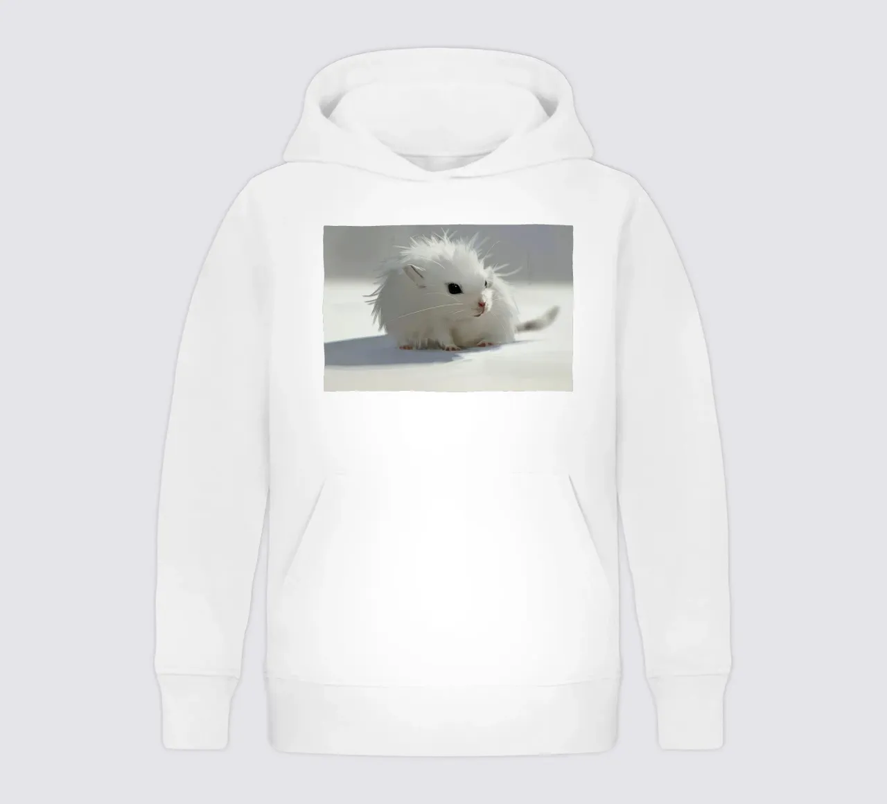 white hamster with fluffy fur, sitting on light grey surface kids hoodie by DesignDoodle