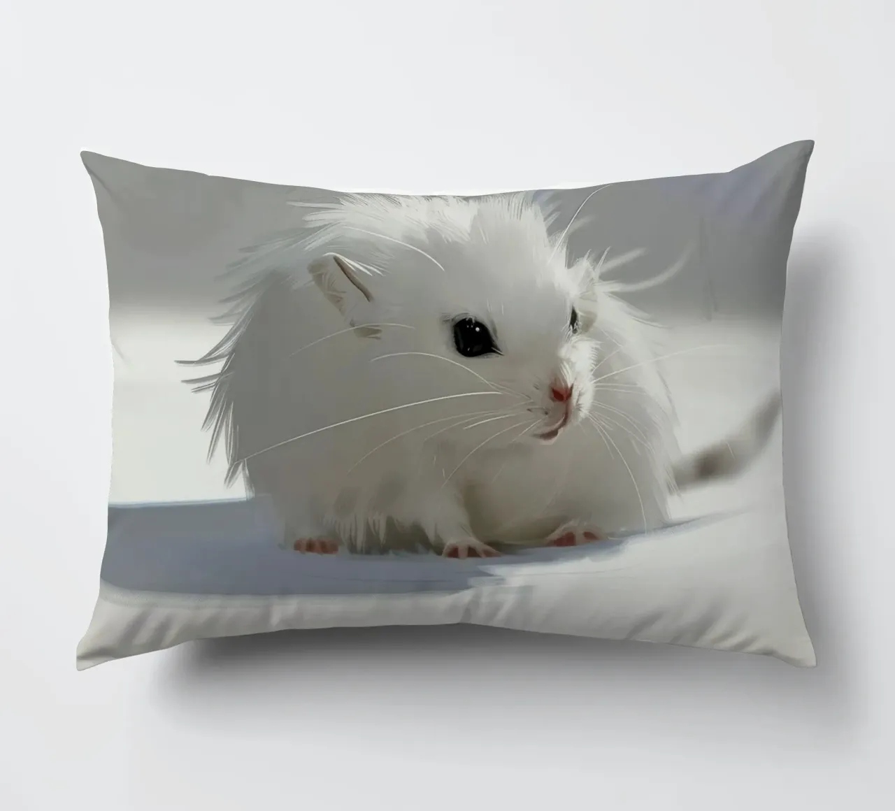 white hamster with fluffy fur, sitting on light grey surface decorative cushion by DesignDoodle