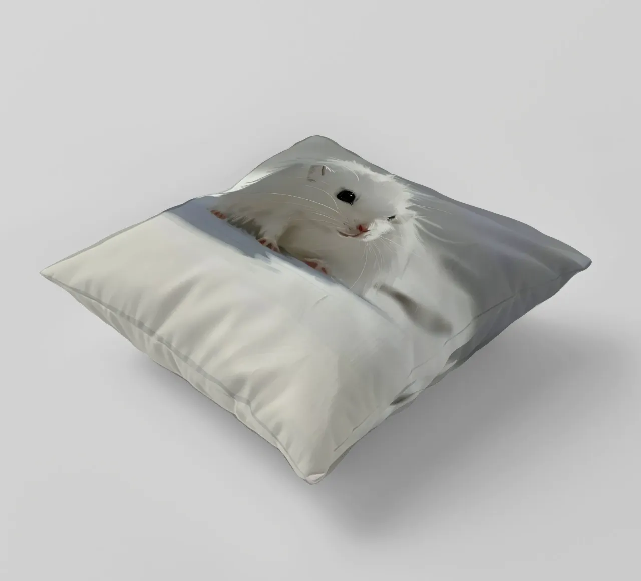 white hamster with fluffy fur, sitting on light grey surface decorative cushion by DesignDoodle