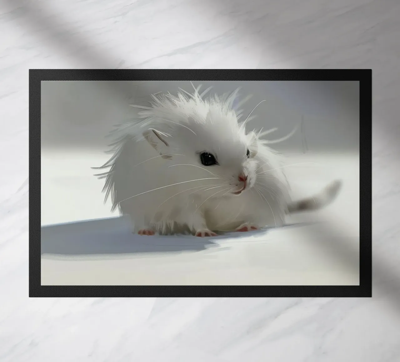criceto bianco con pelo soffice, seduto su una superficie grigio chiaro zerbino da DesignDoodle