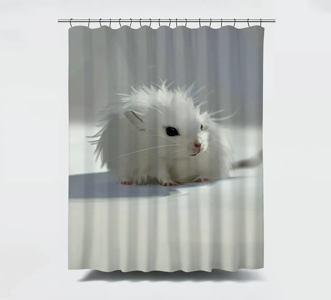 weißer Hamster mit flauschigem Fell, sitzt auf hellgrauem Untergrund Duschvorhang von DesignDoodle