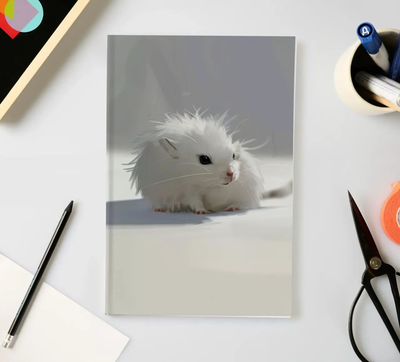 hamster blanc à la fourrure duveteuse, assis sur une surface gris clair carnet de notes de DesignDoodle
