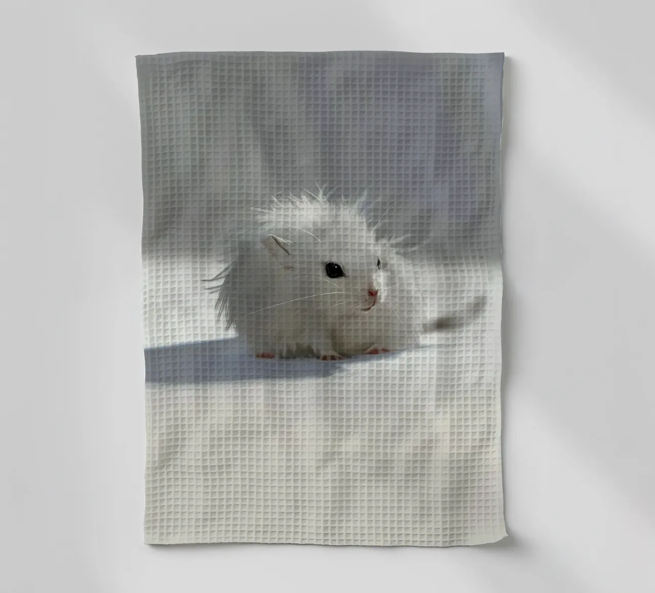 weißer Hamster mit flauschigem Fell, sitzt auf hellgrauem Untergrund Geschirrtuch von DesignDoodle