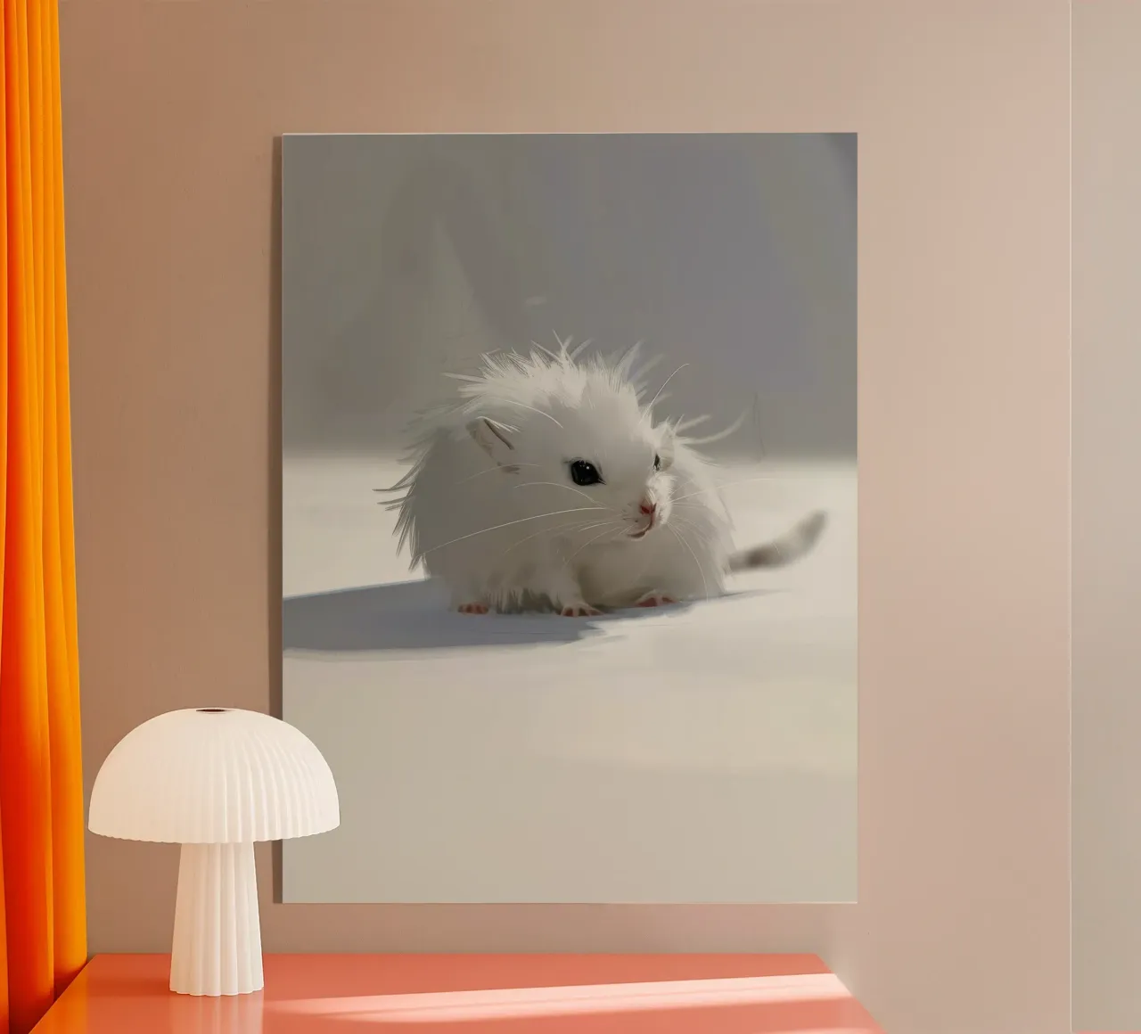 criceto bianco con pelo soffice, seduto su una superficie grigio chiaro plexiglass da DesignDoodle