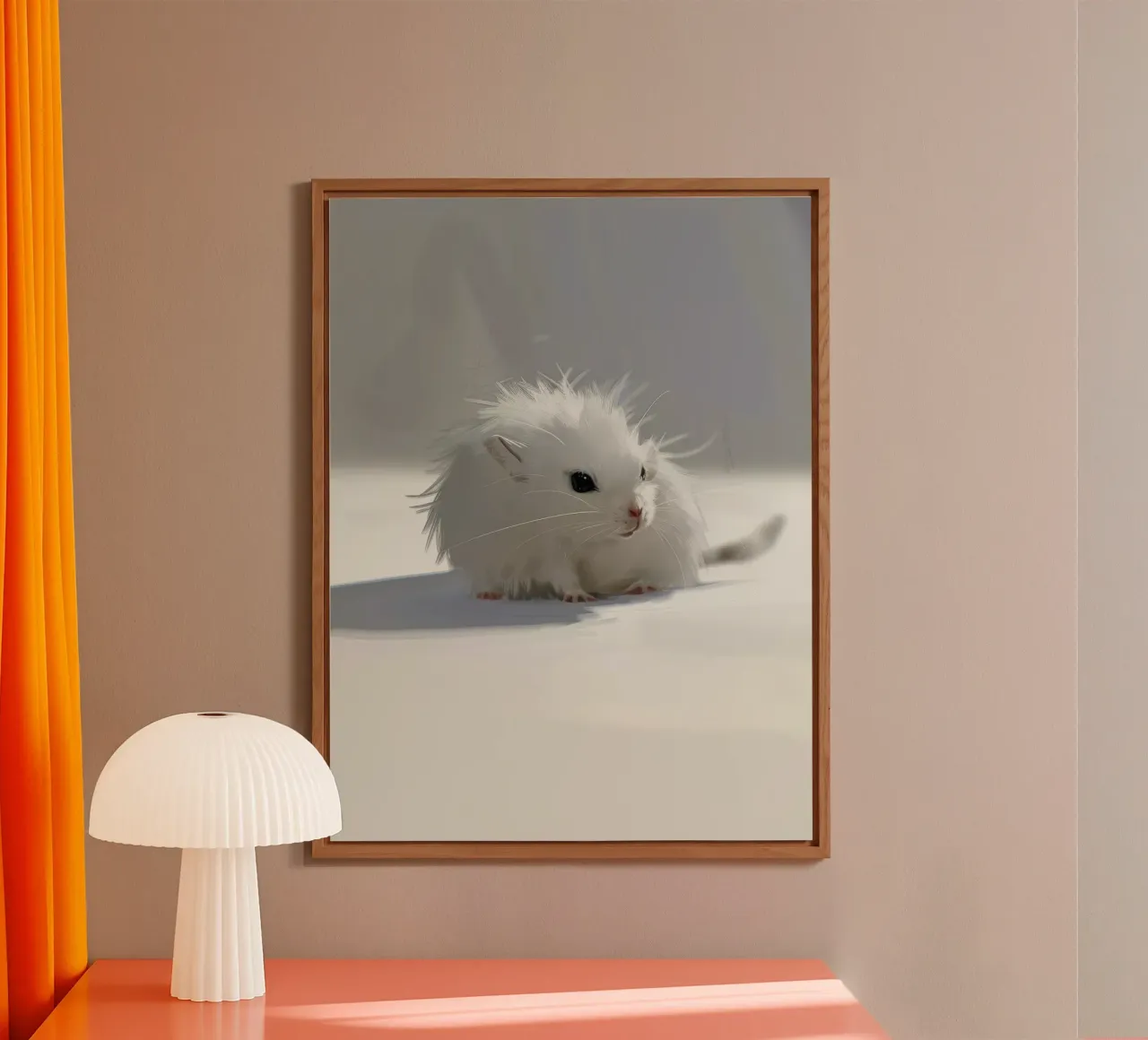 weißer Hamster mit flauschigem Fell, sitzt auf hellgrauem Untergrund Alu-Dibond von DesignDoodle