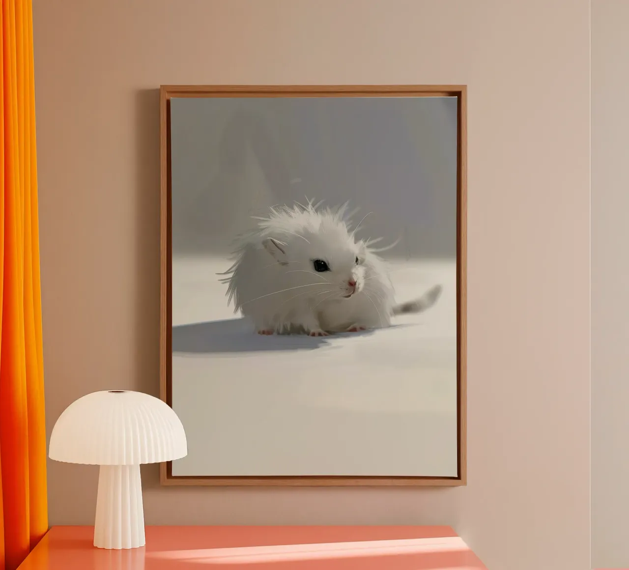 weißer Hamster mit flauschigem Fell, sitzt auf hellgrauem Untergrund Leinwand von DesignDoodle