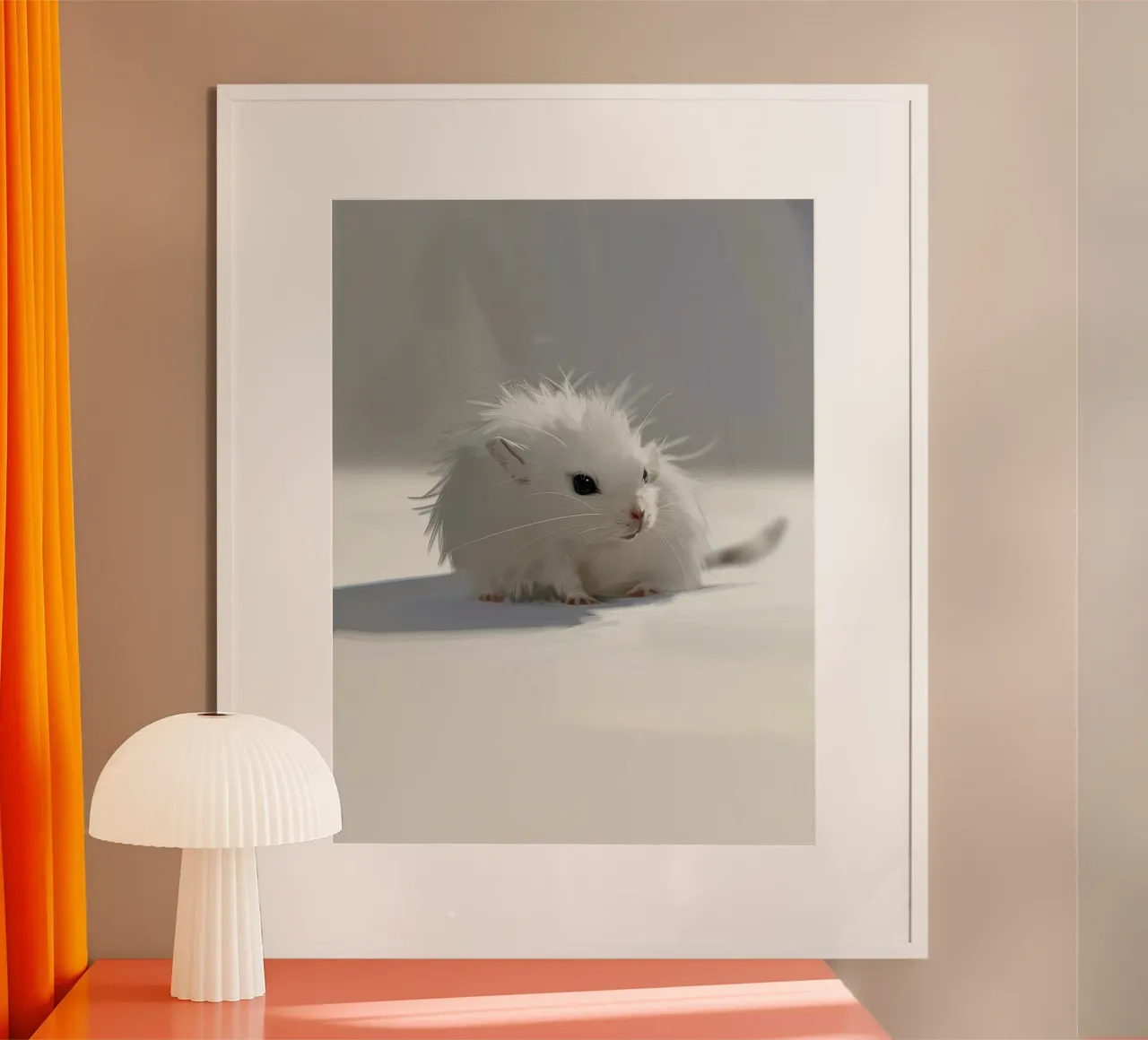 weißer Hamster mit flauschigem Fell, sitzt auf hellgrauem Untergrund Hahnemühle von DesignDoodle