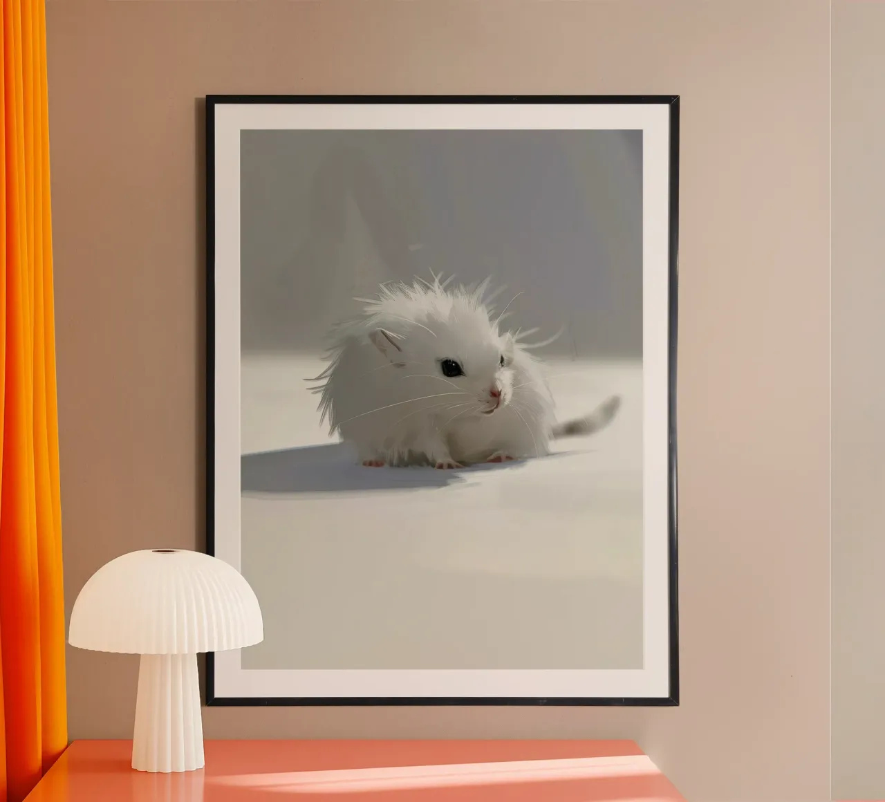 weißer Hamster mit flauschigem Fell, sitzt auf hellgrauem Untergrund Hahnemühle von DesignDoodle