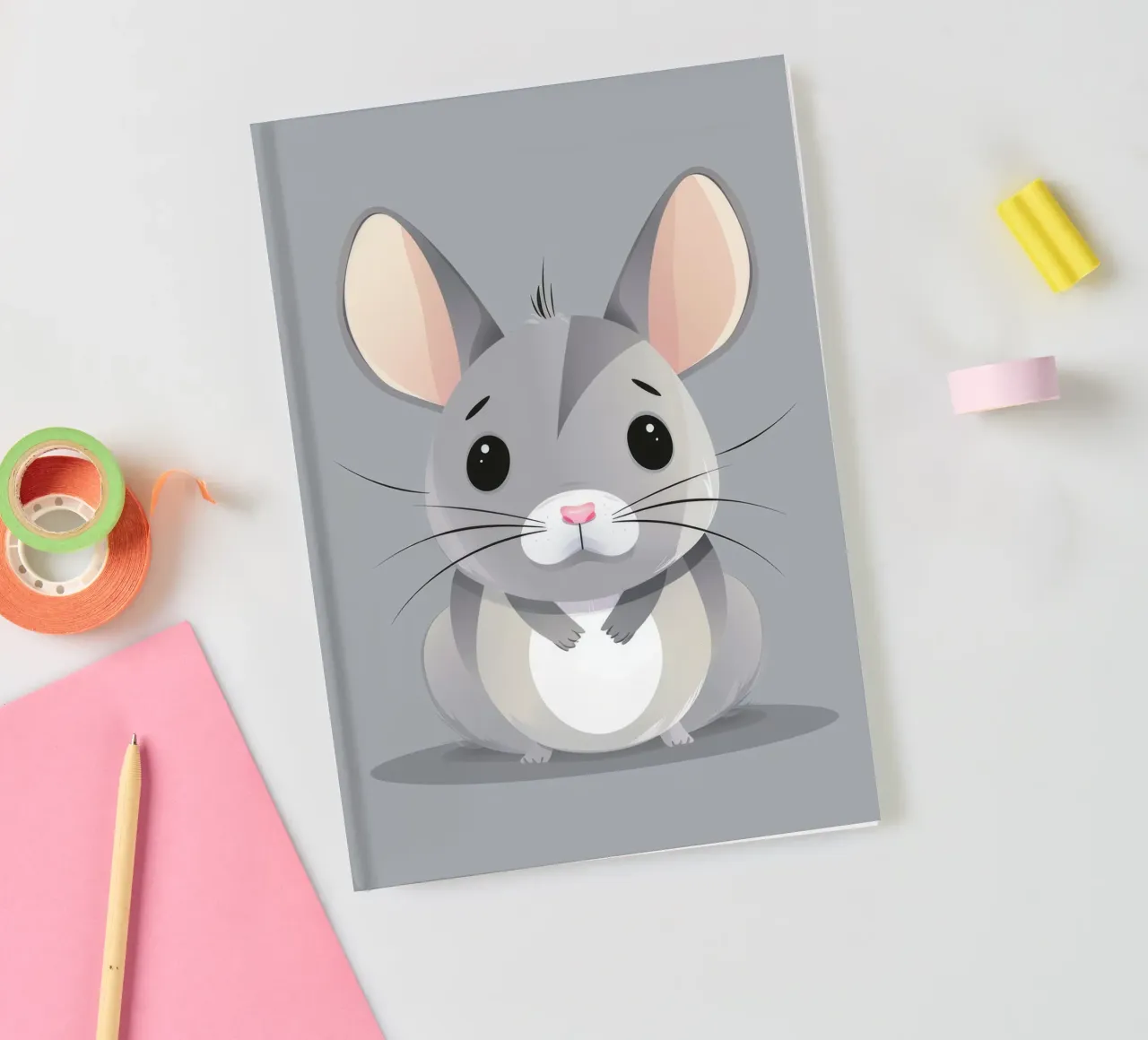 cartoon of a grey chinchilla sitting facing forward notebook by DesignDoodle
