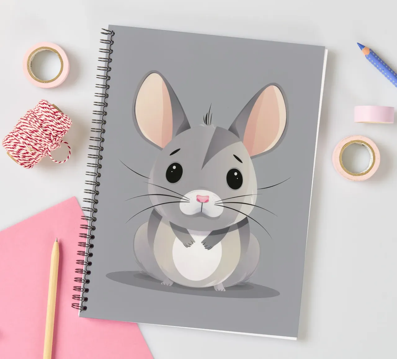 cartoon of a grey chinchilla sitting facing forward spiral notebook by DesignDoodle