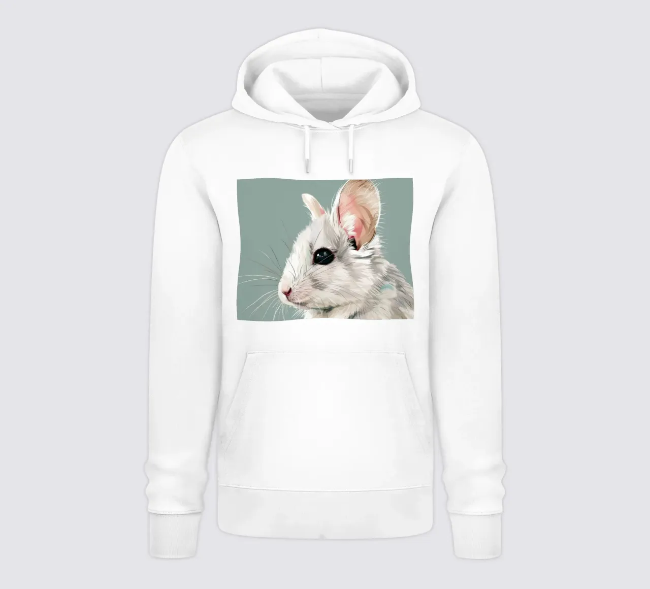topo bianco, visto di lato, contro un verde tenue felpa con cappuccio da DesignDoodle
