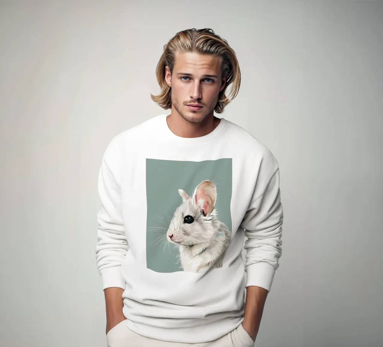 souris blanche, vue de côté, sur un fond vert mat. sweat de DesignDoodle