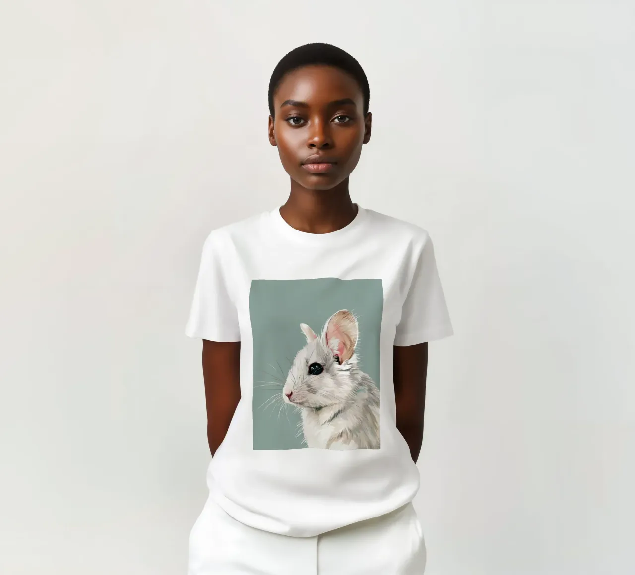 souris blanche, vue de côté, sur un fond vert mat. t-shirt de DesignDoodle