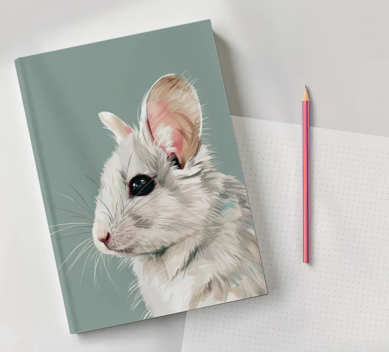 souris blanche, vue de côté, sur un fond vert mat. carnet de notes de DesignDoodle