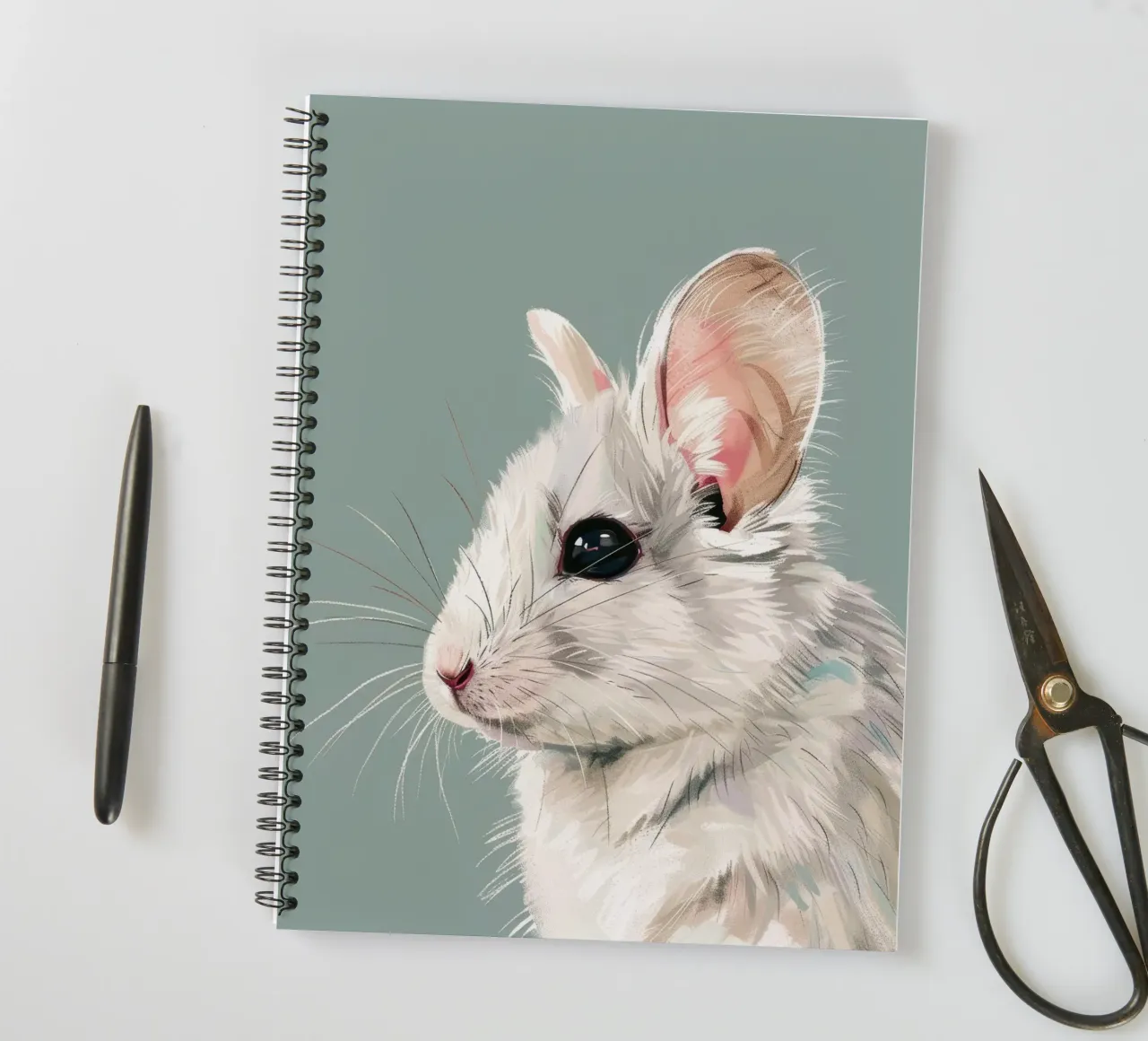 white mouse, viewed from the side, against a muted green spiral notebook by DesignDoodle