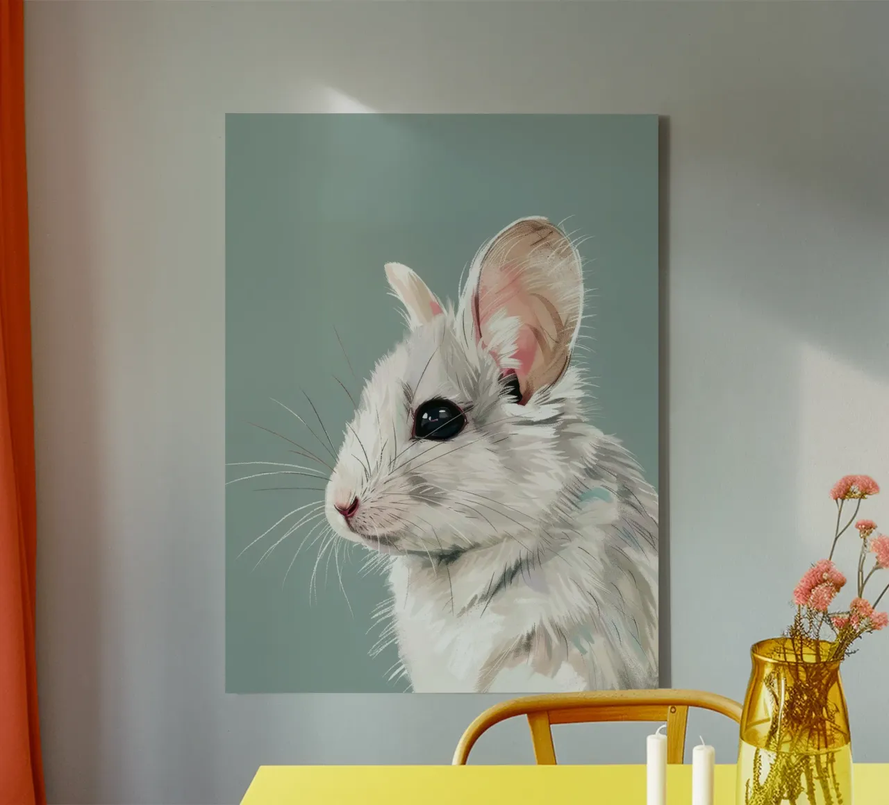 white mouse, viewed from the side, against a muted green canvas by DesignDoodle