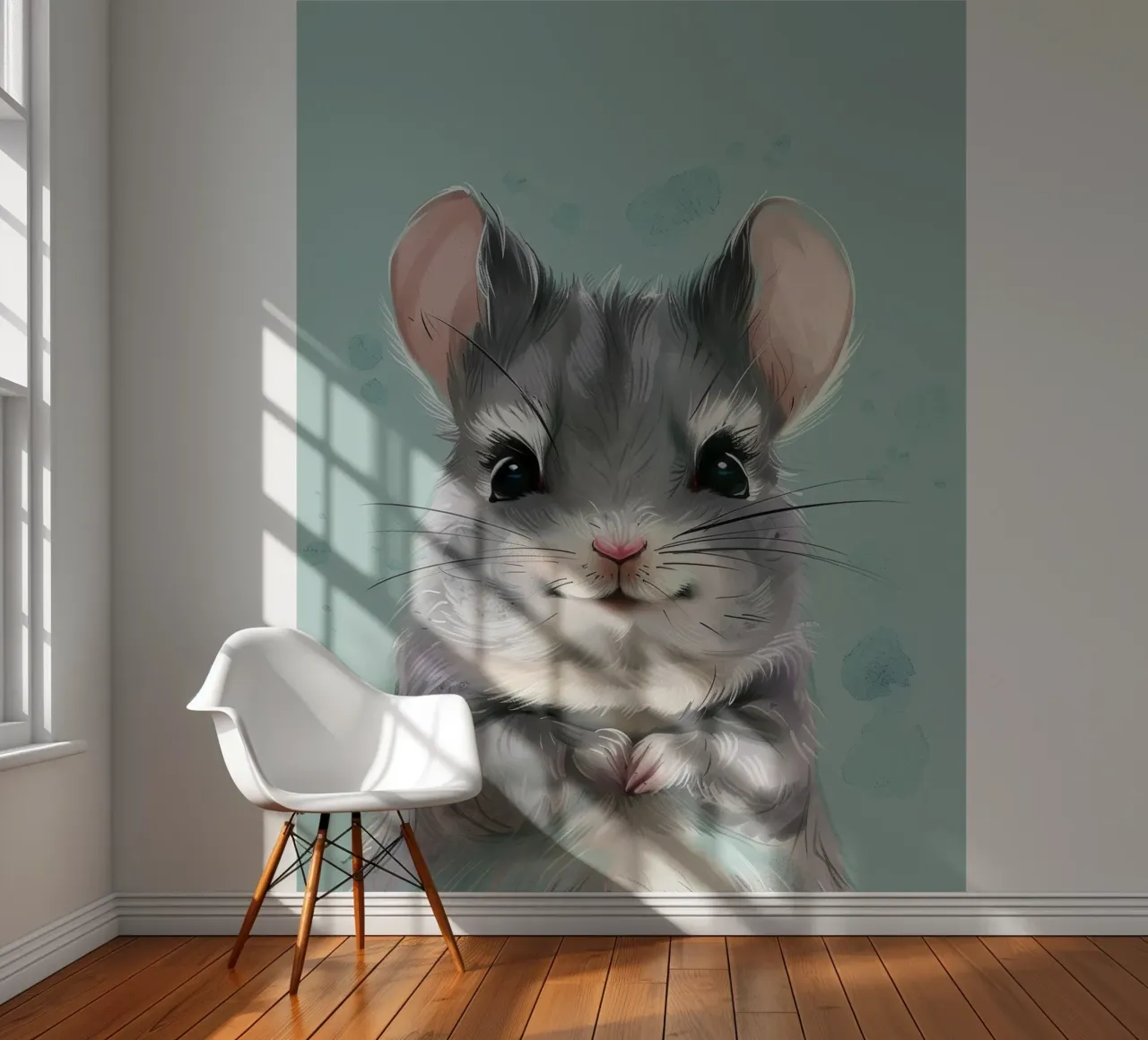 gray hamster with pink ears, sitting with its paws together photo wallpaper by DesignDoodle