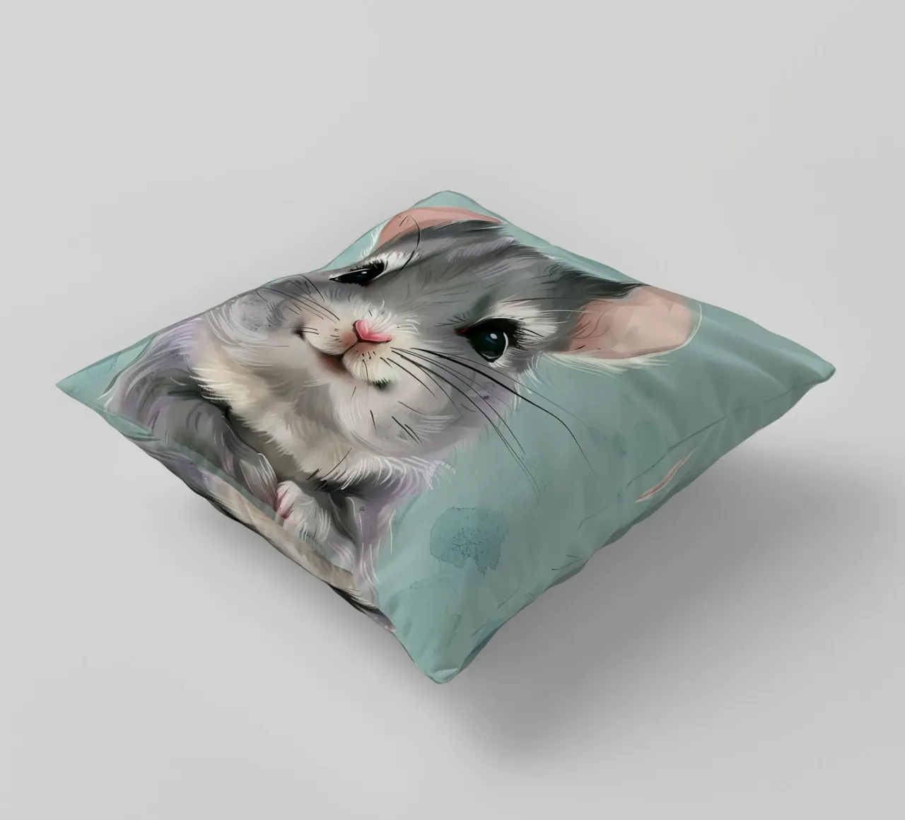 criceto grigio con orecchie rosa, seduto con le zampe unite cuscino da DesignDoodle
