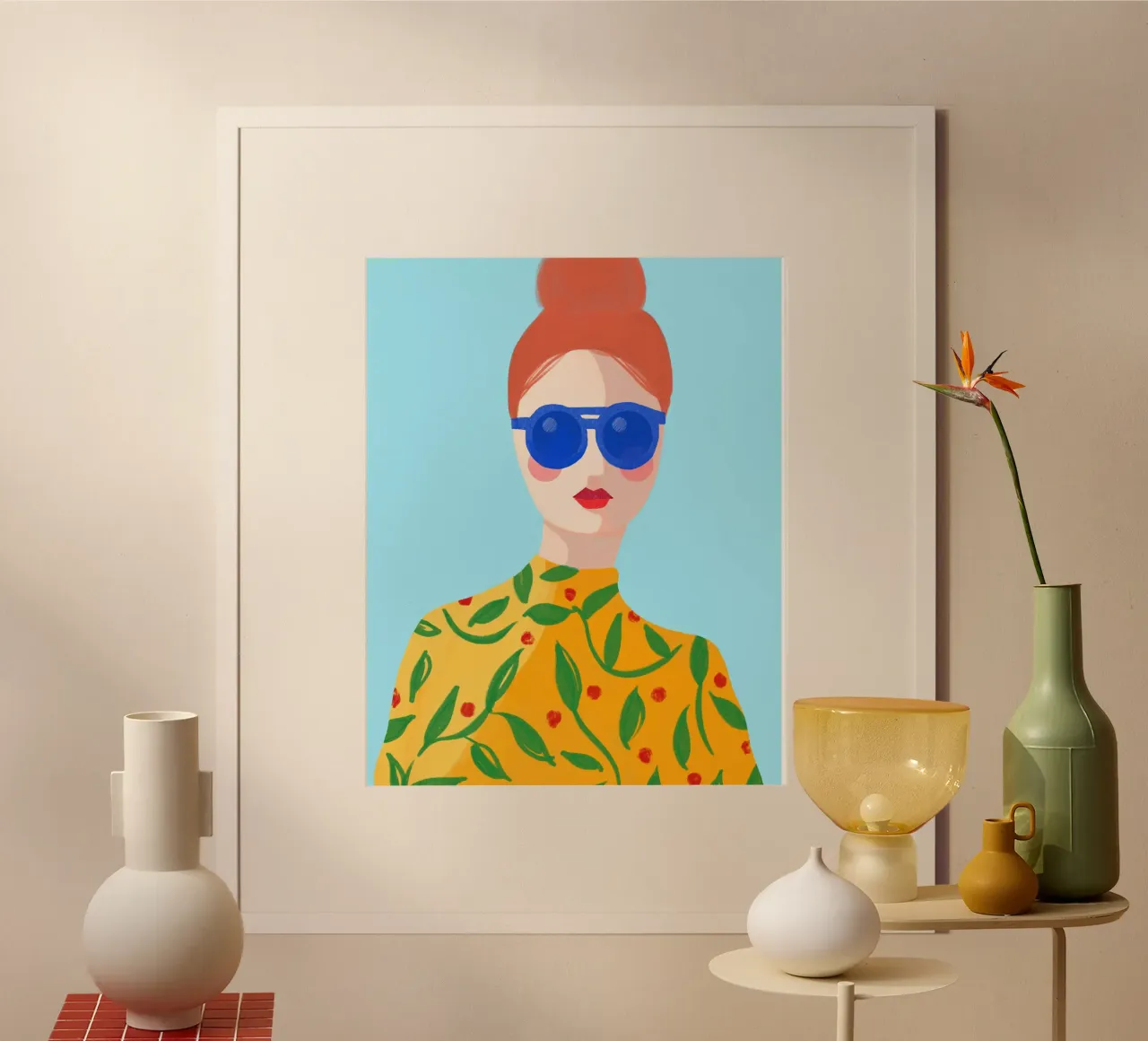 Girl with Blue Sunglasses poster con telaio in plastica da Isabel Junghans-Bichler