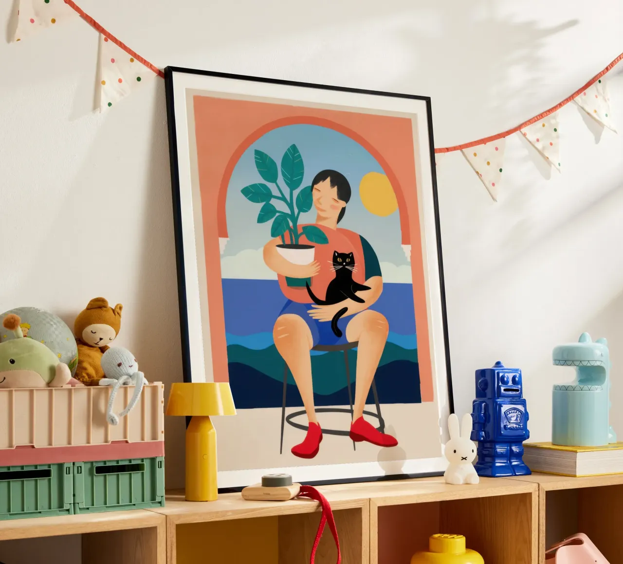 Ragazzo con gatto nero poster con telaio in alluminio da Pale Aura