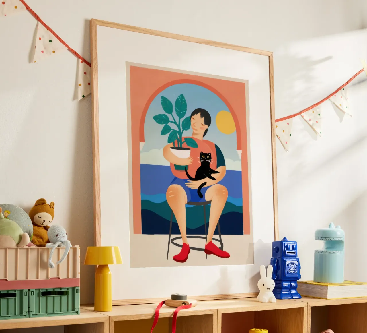Ragazzo con gatto nero poster con telaio in alluminio da Pale Aura