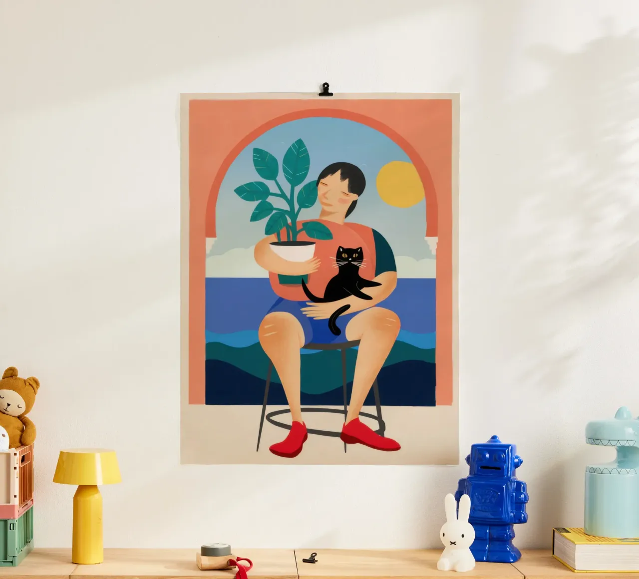 Ragazzo con gatto nero poster con telaio in alluminio da Pale Aura