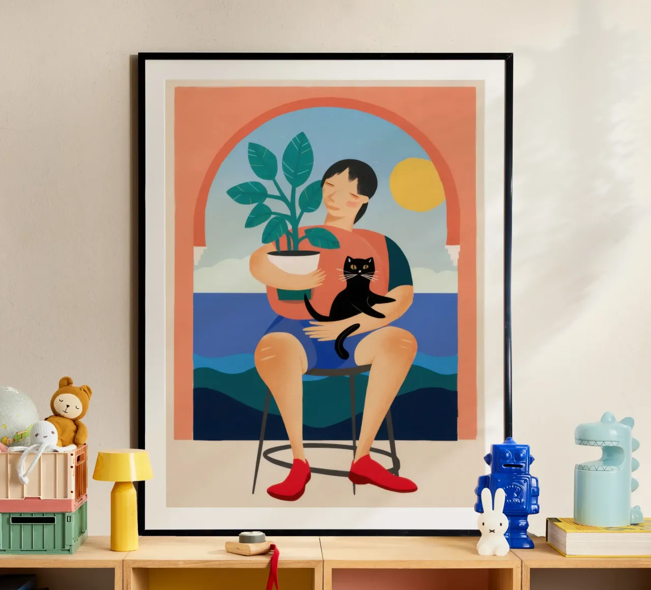 Ragazzo con gatto nero poster con telaio in alluminio da Pale Aura