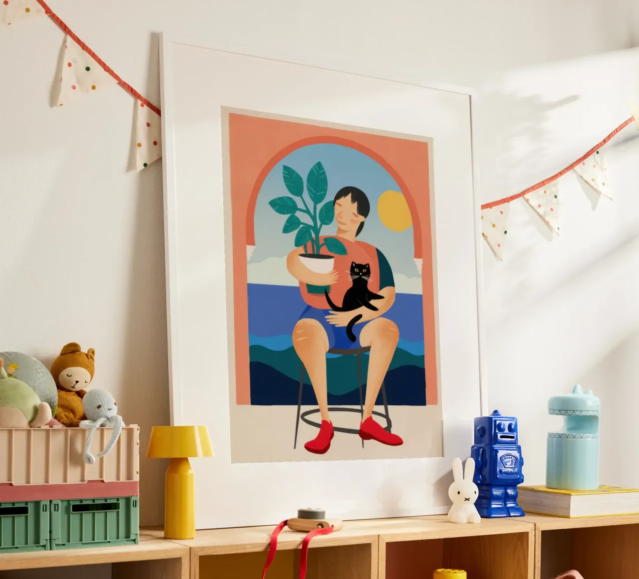 Ragazzo con gatto nero poster con telaio in alluminio da Pale Aura