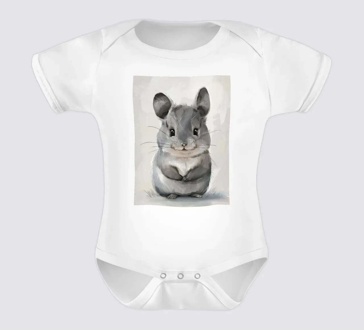 grey chinchilla, front-facing, with large ears & plump body short-sleeve baby romper by DesignDoodle