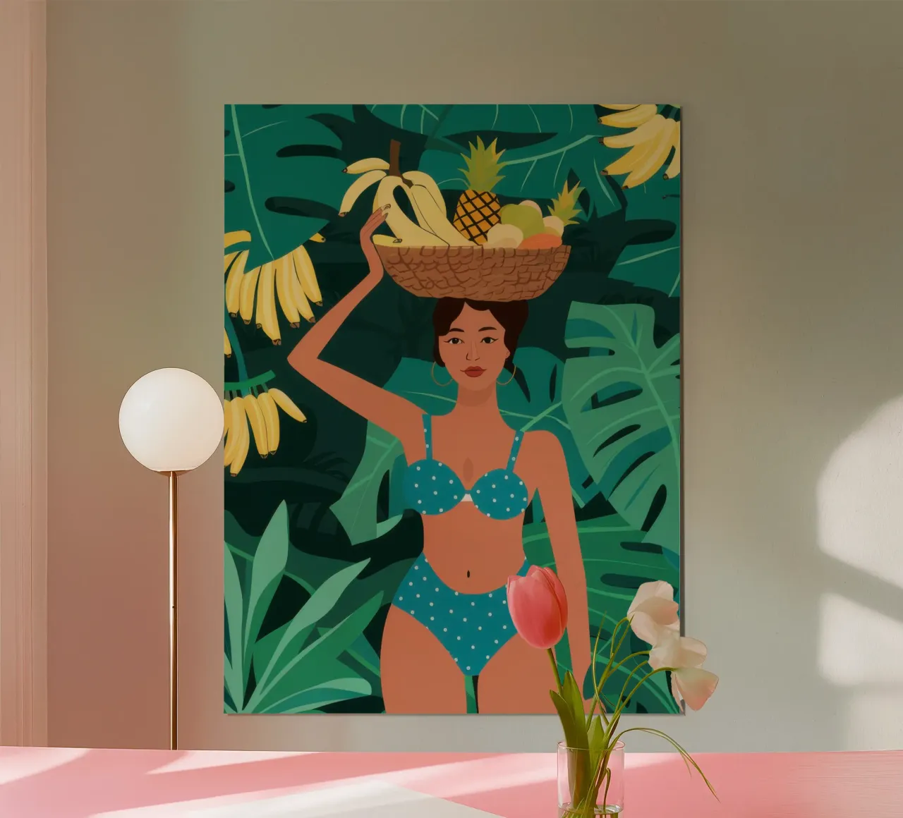 Bambina in bikini a banana poster con telaio in plastica da Pale Aura