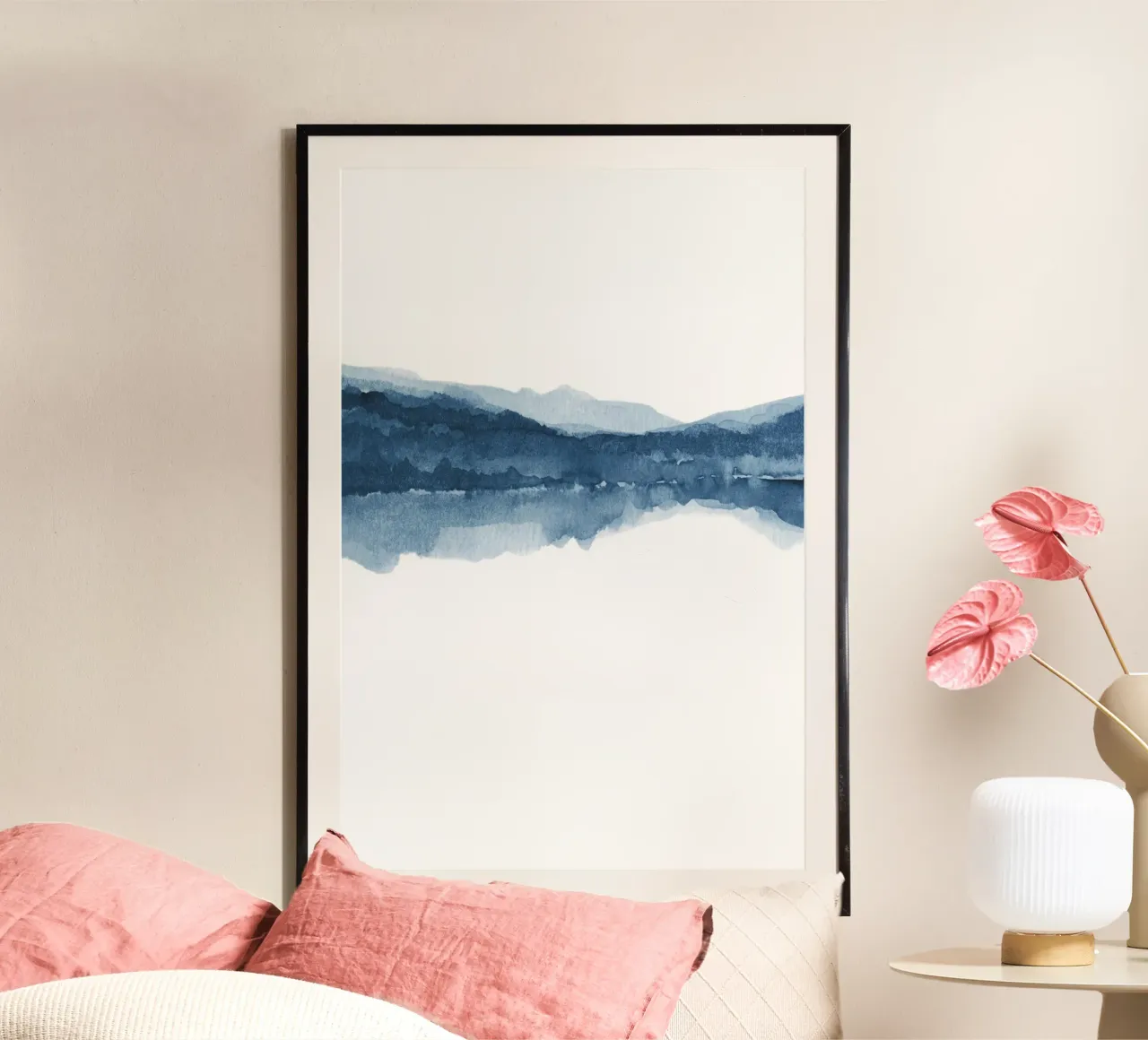 Navy blue abstract landscape diptych 1/2 poster with plastic frame by NouveauPrints